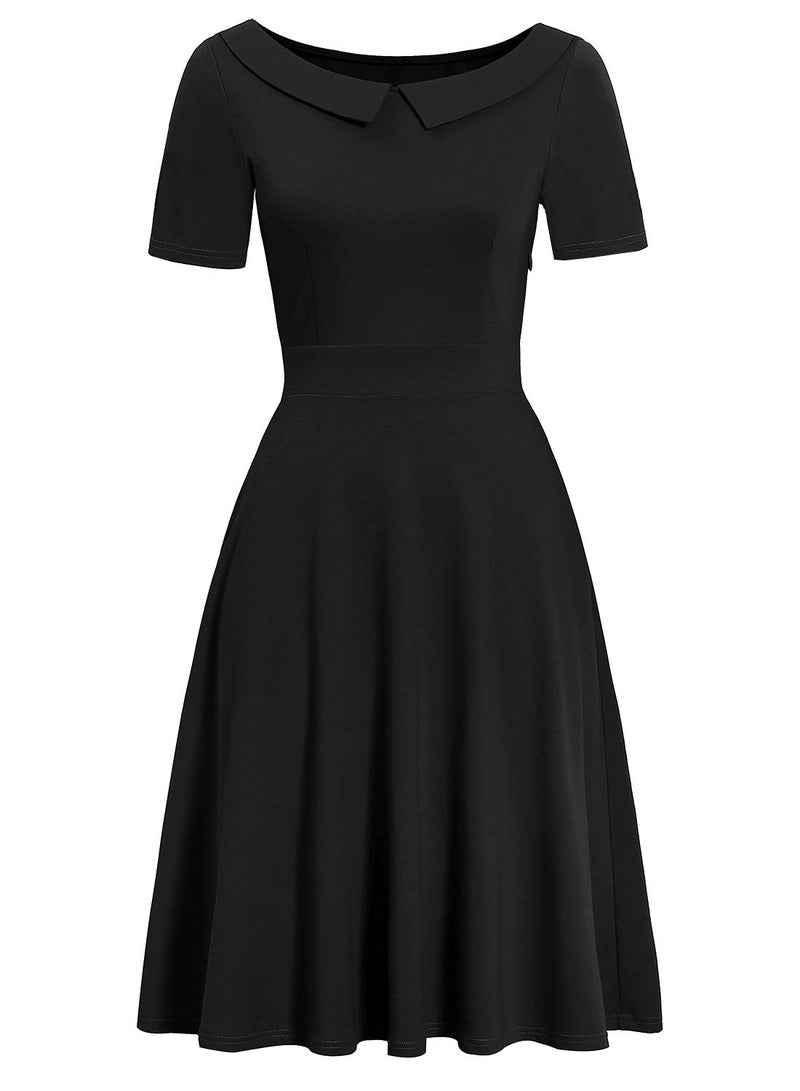 HELYO 1950s 40s Dresses for Women Elegant Vintage Casual Peter Pan Collar Work Funeral Party A-Line Dress with Pockets 978 (Solid Black, M) - Image 2